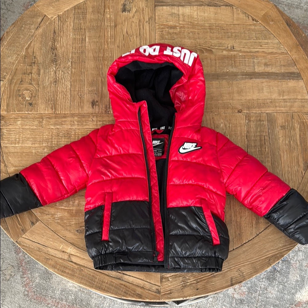 Nike Red and Black Puffer Jacket with Hood and Quilted Design